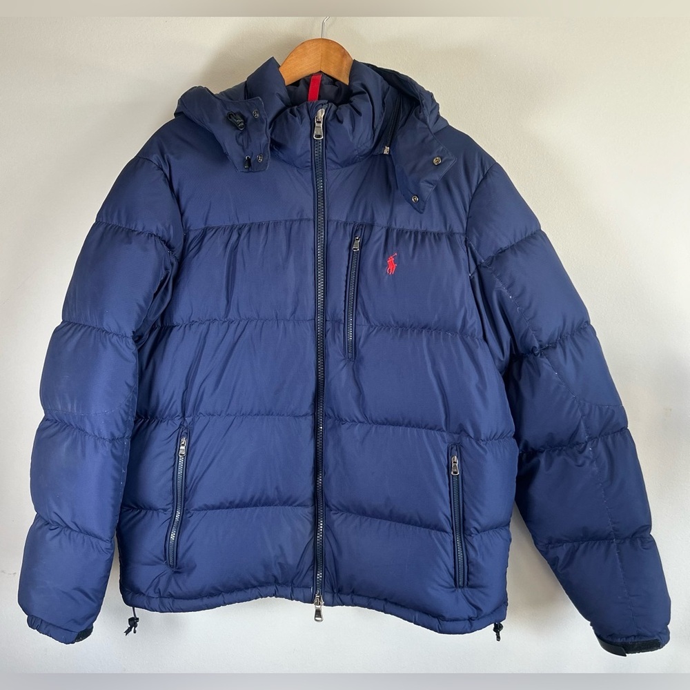 Polo Ralph Lauren Mens Hooded Puffer Jacket Coat Hood Navy Red Logo Duck Down XL